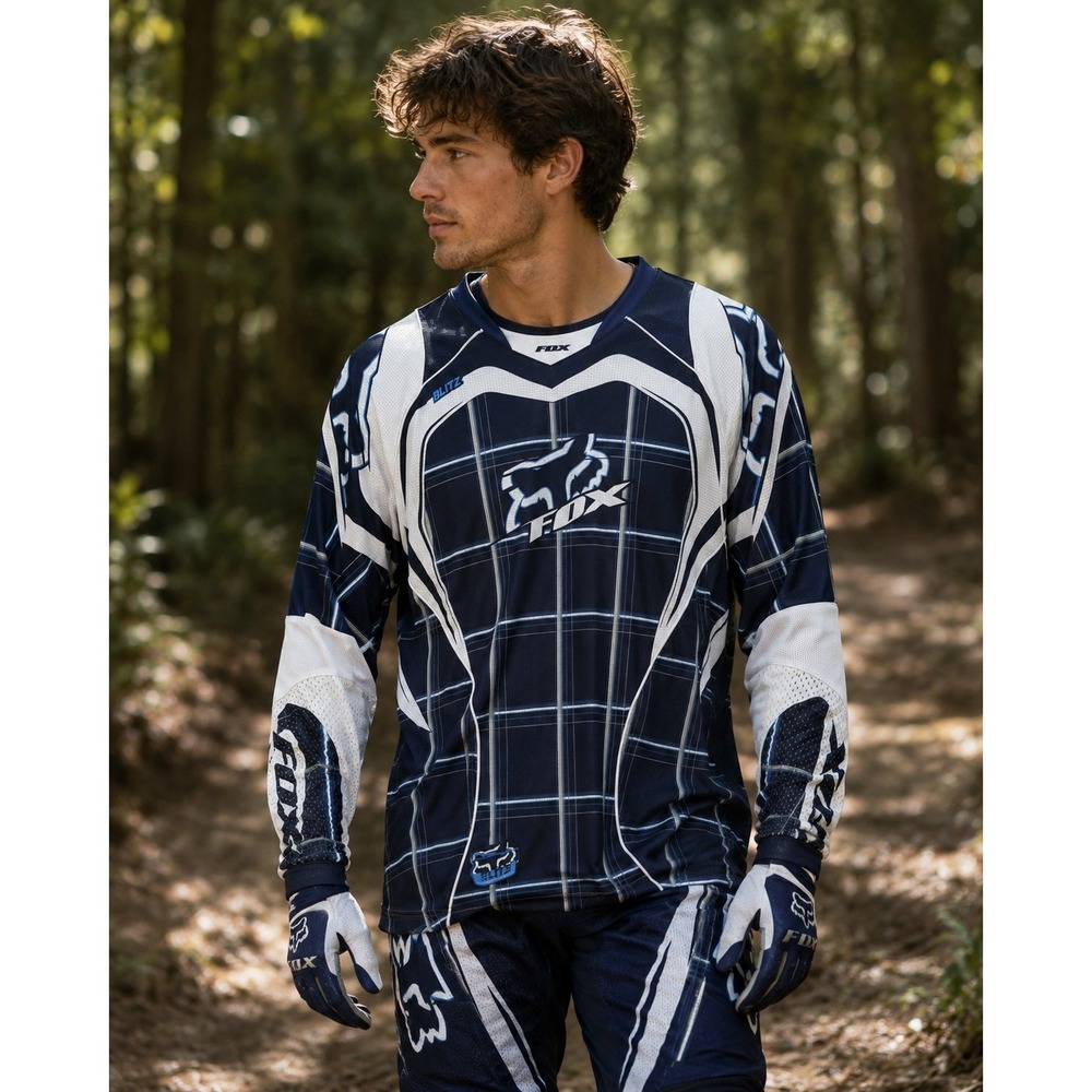 Fox Racing Blitz Motocross Y2K Motorcore Racing Jersey Mens XL Navy Blue Plaid